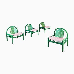 Modern French Pink Leather and Green Wood Argos Armchairs attributed to Baumann, 1970s, Set of 4-GDD-1446856