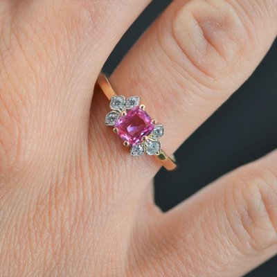 Modern French Pink Sapphire Diamonds & 18 Karat Yellow Gold Thin Ring-OLU-1335857