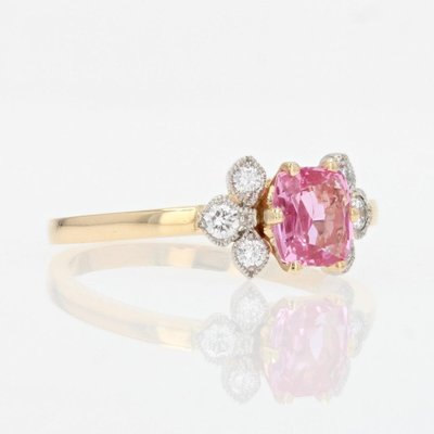 Modern French Pink Sapphire Diamonds & 18 Karat Yellow Gold Thin Ring-OLU-1335857