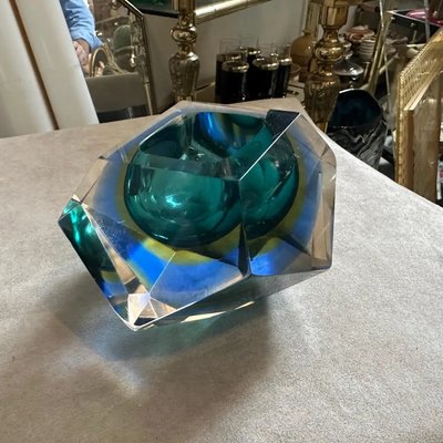 Modern Green and Blue Sommerso Faceted Murano Glass Ashtray from Seguso, 1970s-NMK-2036011