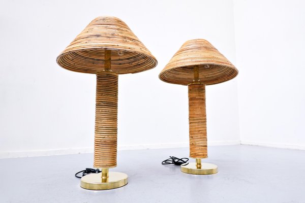 Modern Italian Brass and Bamboo Table Lamps, Set of 2-FGA-1141213