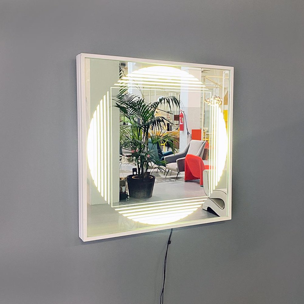 Modern Italian Neon Backlit Square Mirror attributed to Gianni Celada for Fontana Arte, 1970s