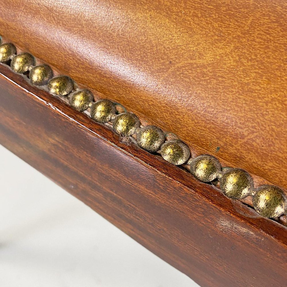 Modern Italian Pouf in Leather and Wood with Studs, 1960s