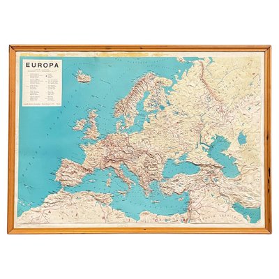 Modern Italian Topographic Geographical Map in Wood Frame of Europe, 1950s-1990s-GDD-1812242