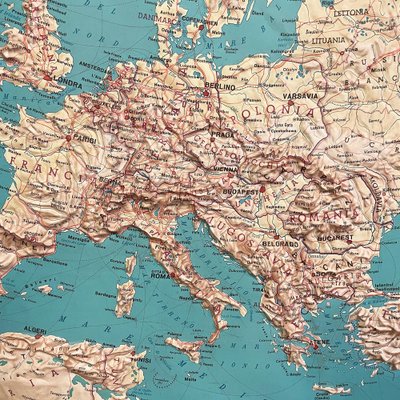 Modern Italian Topographic Geographical Map in Wood Frame of Europe, 1950s-1990s-GDD-1812242