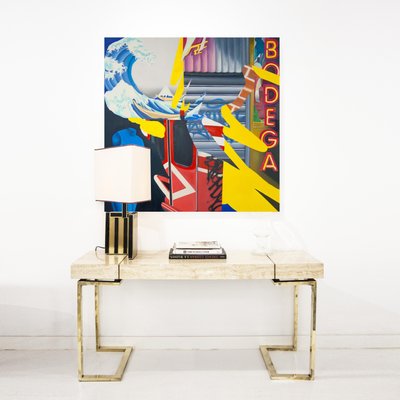 Modern Italian Travertine Top and Brass Chromed Base Console Table, 1970s-UZ-1337238