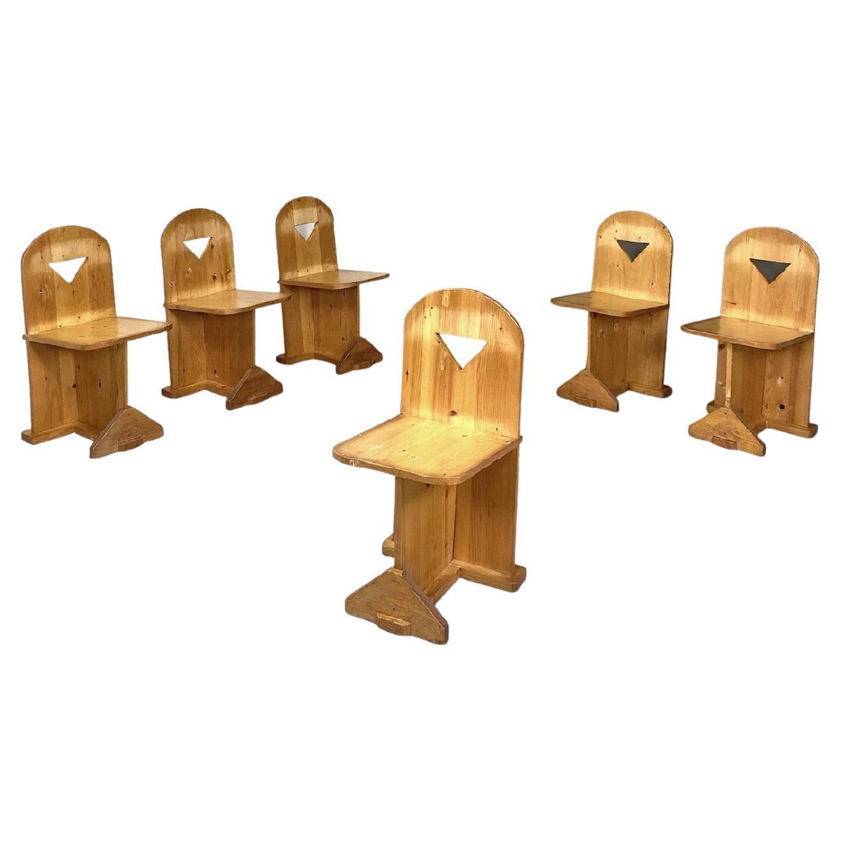 Modern Italian Wooden Chairs with Triangular Holes, 1980s, Set of 6