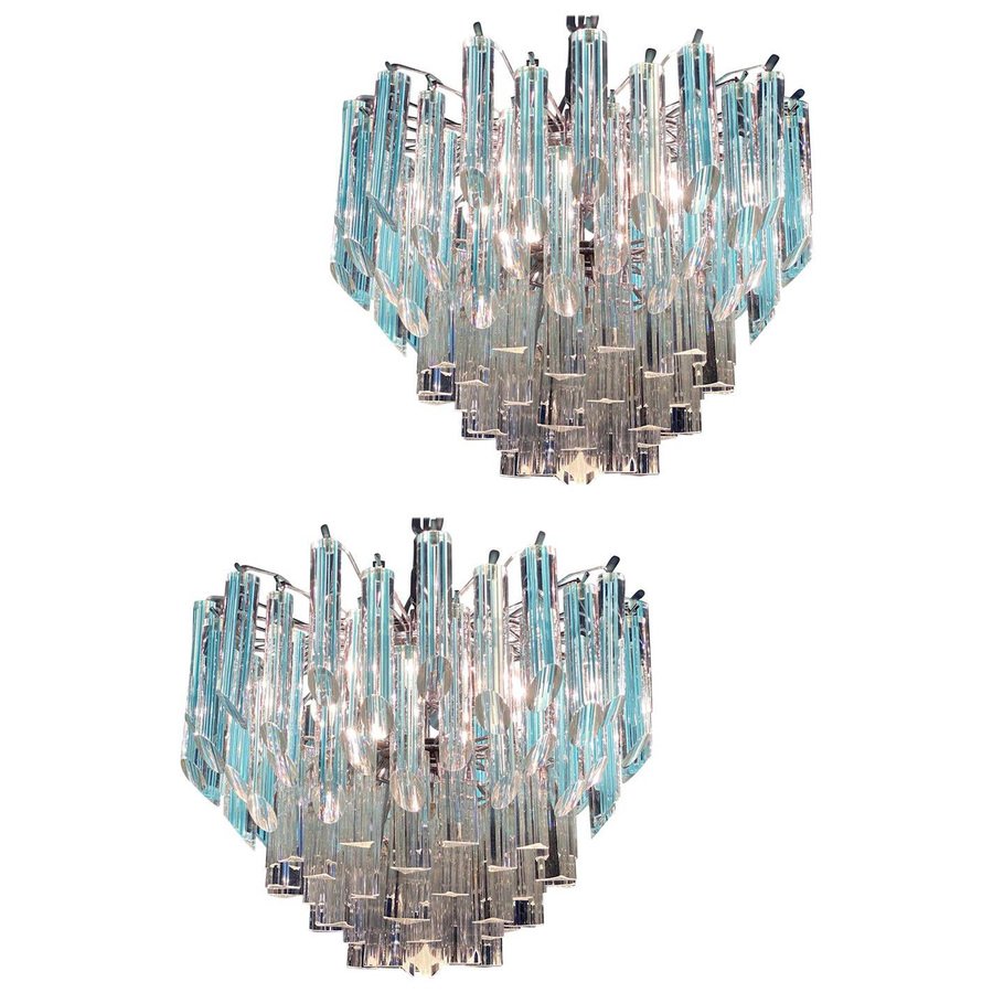 Modern Multi Tier Crystal Prism Murano Glass Chandeliers, 1970s, Set of 2