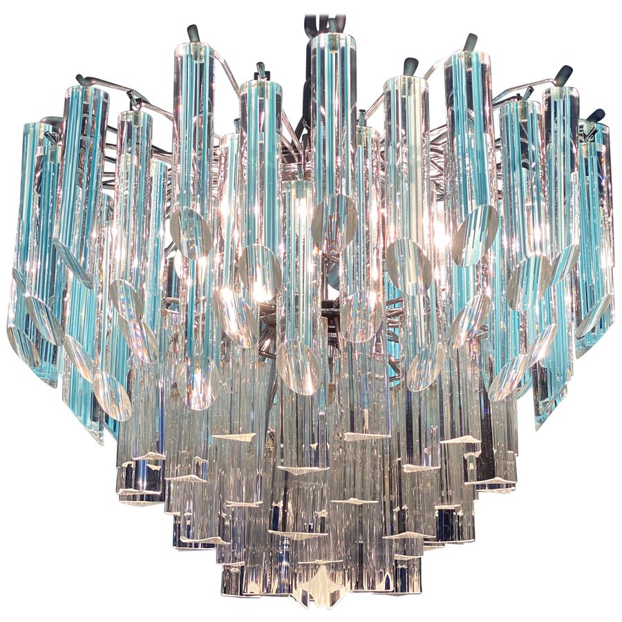 Modern Multi Tier Crystal Prism Murano Glass Chandeliers, 1970s, Set of 2