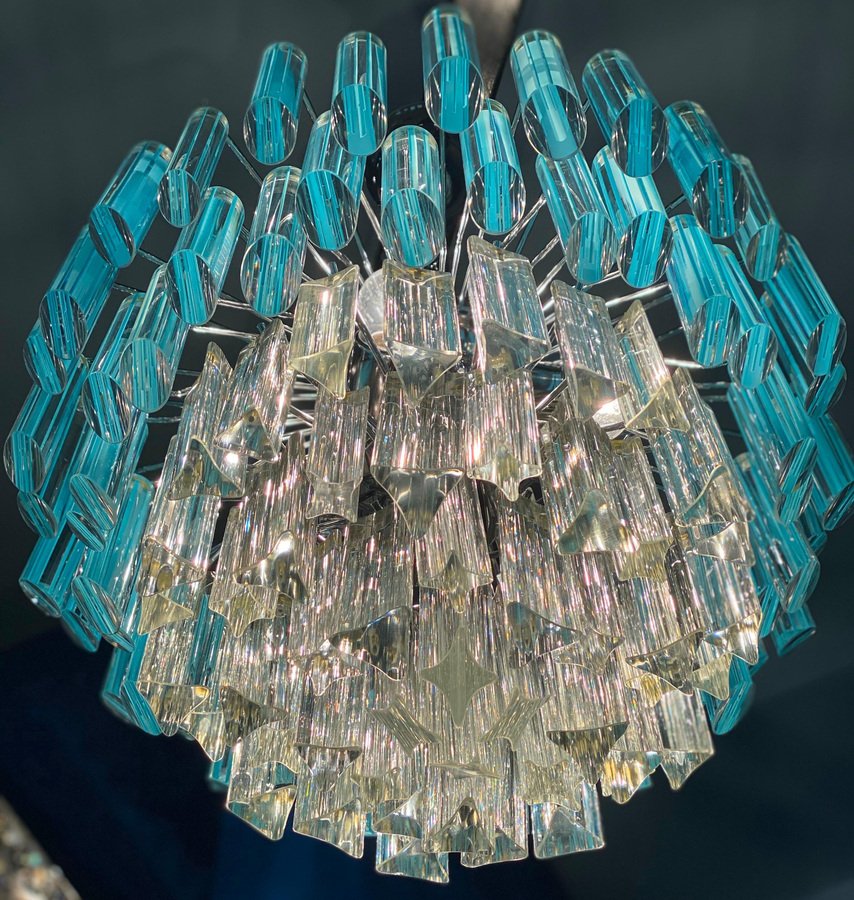 Modern Multi Tier Crystal Prism Murano Glass Chandeliers, 1970s, Set of 2