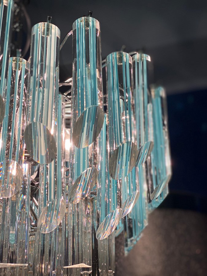 Modern Multi Tier Crystal Prism Murano Glass Chandeliers, 1970s, Set of 2