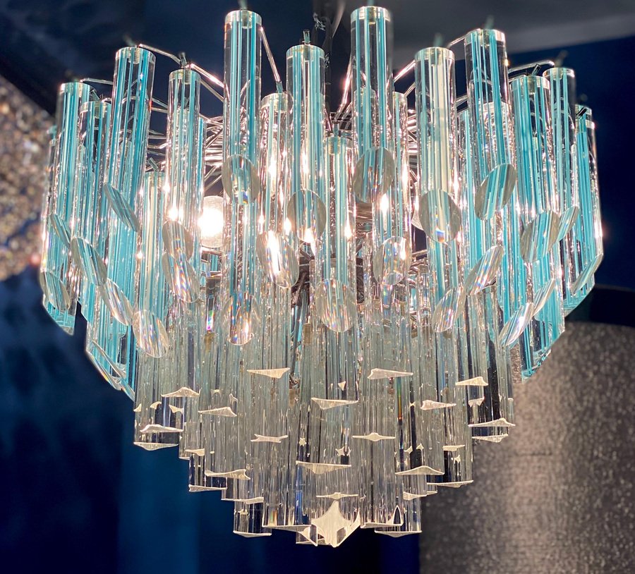 Modern Multi Tier Crystal Prism Murano Glass Chandeliers, 1970s, Set of 2