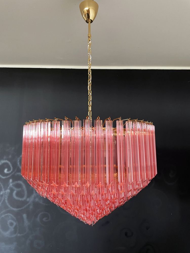 Modern Quadriedri Murano Glass Chandelier with 265 Amber Prisms and Gold Frame, 1982