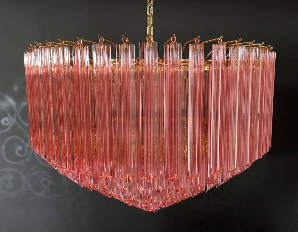 Modern Quadriedri Murano Glass Chandelier with 265 Amber Prisms and Gold Frame, 1982