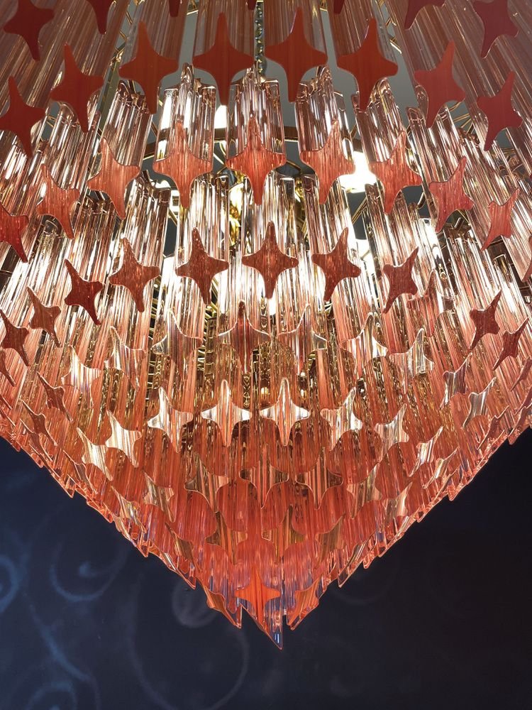 Modern Quadriedri Murano Glass Chandelier with 265 Amber Prisms and Gold Frame, 1982