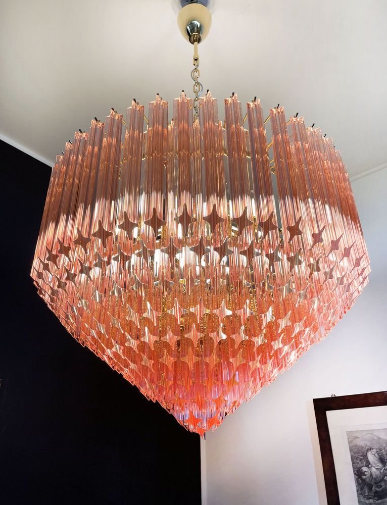 Modern Quadriedri Murano Glass Chandelier with 265 Amber Prisms and Gold Frame, 1982