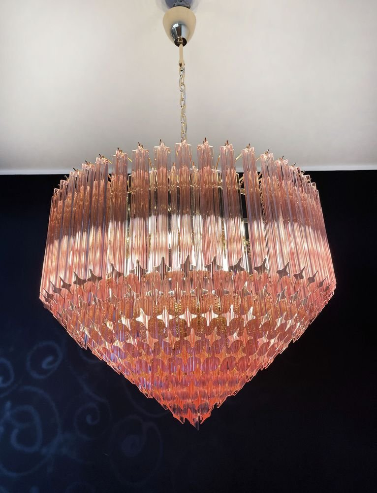 Modern Quadriedri Murano Glass Chandelier with 265 Amber Prisms and Gold Frame, 1982