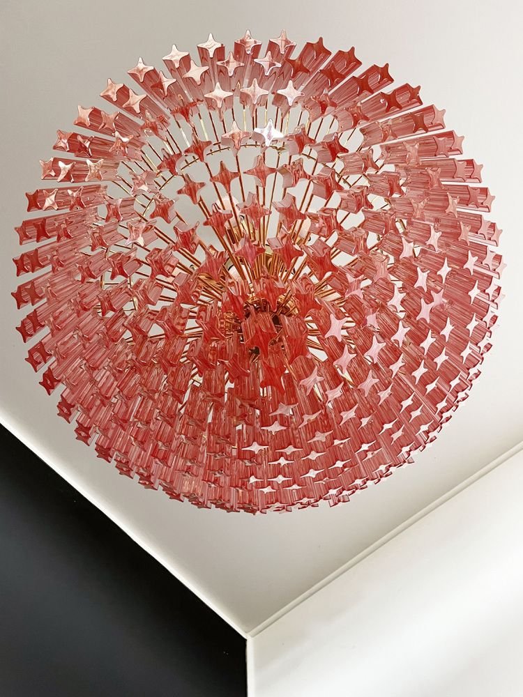 Modern Quadriedri Murano Glass Chandelier with 265 Amber Prisms and Gold Frame, 1982