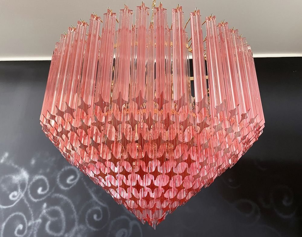 Modern Quadriedri Murano Glass Chandelier with 265 Amber Prisms and Gold Frame, 1982