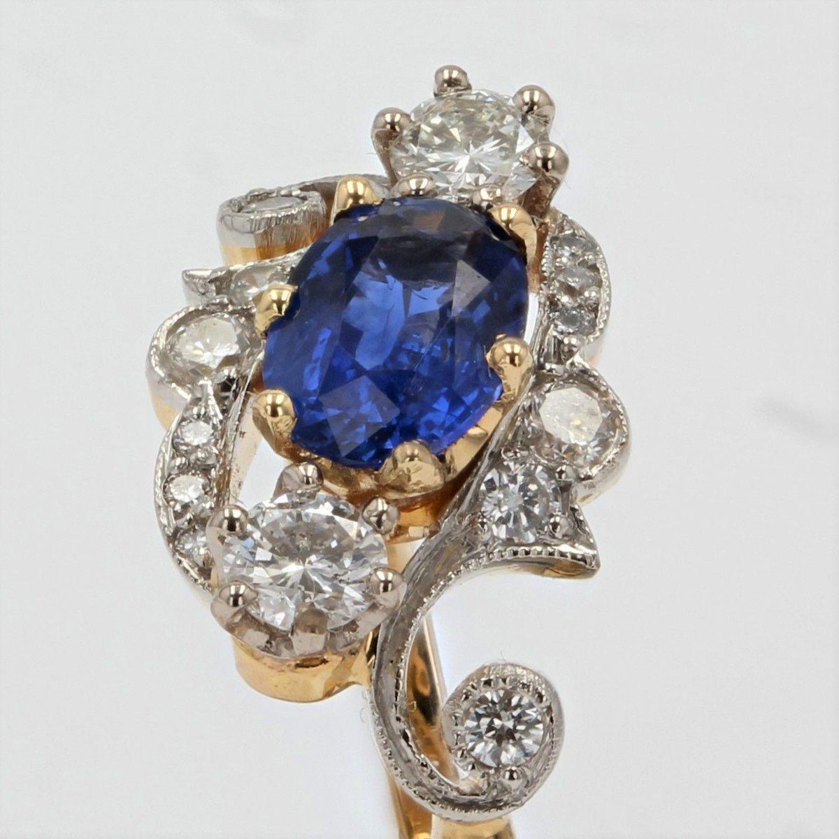 Modern Sapphire Diamonds 18 Karat Yellow Gold Platinum Engagement Ring