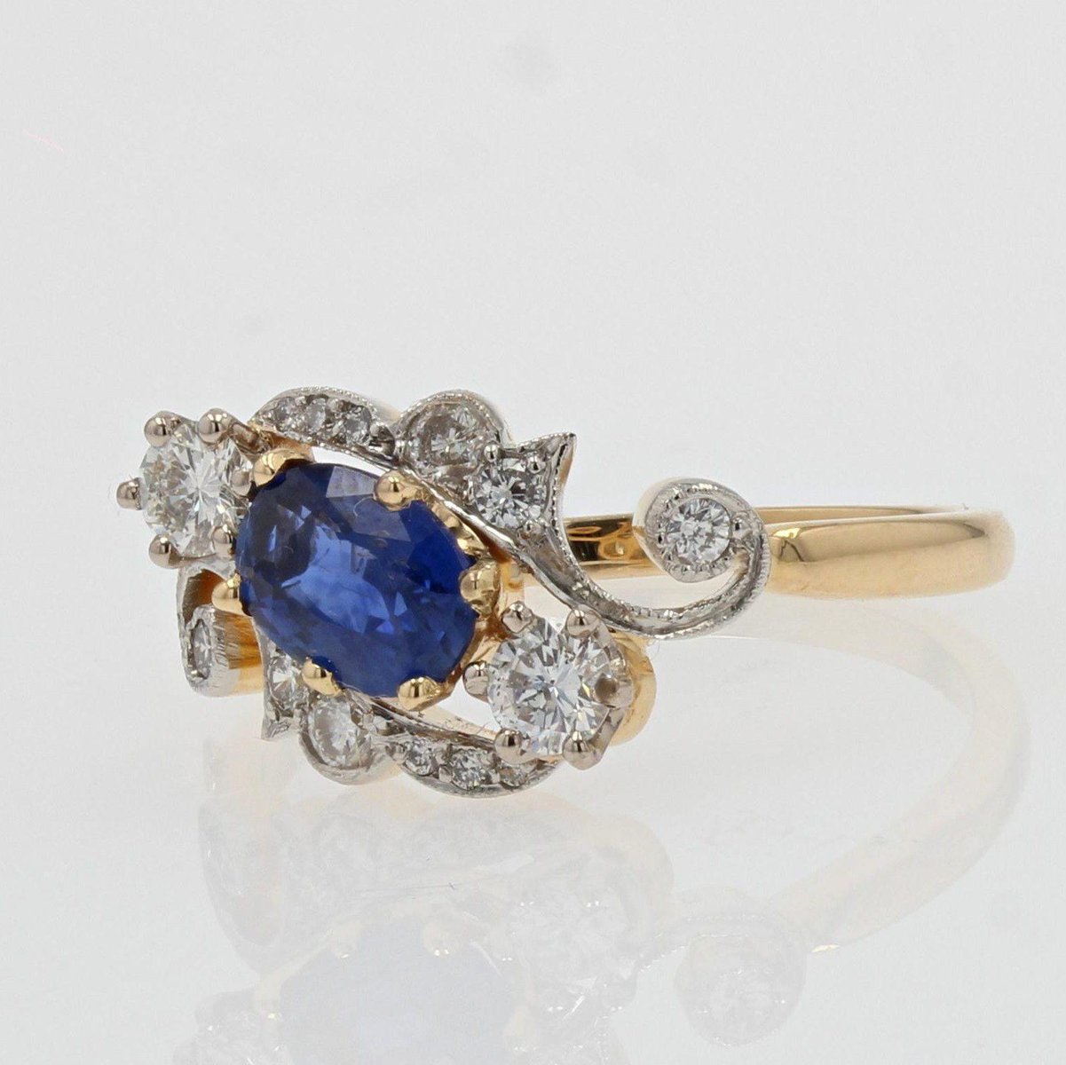 Modern Sapphire Diamonds 18 Karat Yellow Gold Platinum Engagement Ring