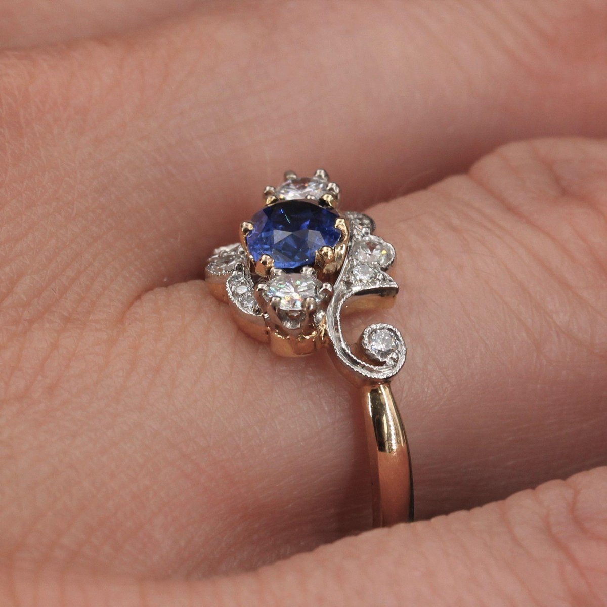 Modern Sapphire Diamonds 18 Karat Yellow Gold Platinum Engagement Ring