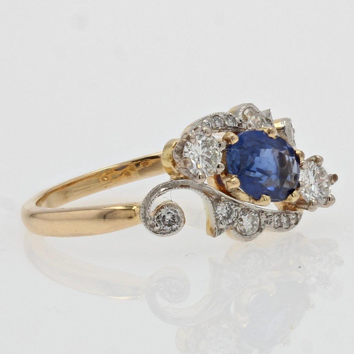 Modern Sapphire Diamonds 18 Karat Yellow Gold Platinum Engagement Ring