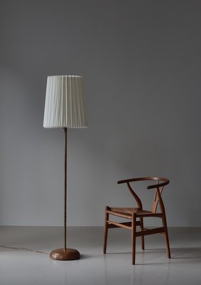 Modern Scandinavian Brass and Oakwood Floor Lamp with Le Klint Shade, 1950s-WRF-2042360