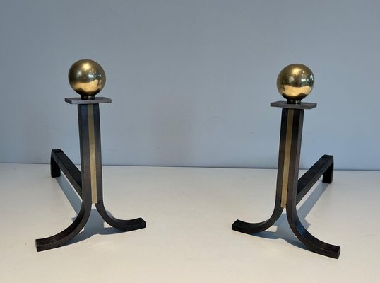 Modern Steel Chenets in Brass and Wrought Iron in the style of Jacques Adnet, 1970s, Set of 2-BA-1481478