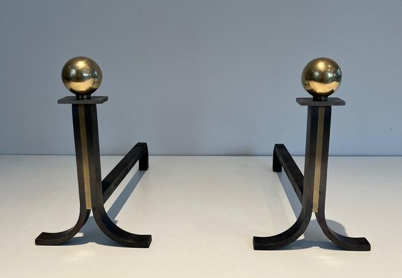 Modern Steel Chenets in Brass and Wrought Iron in the style of Jacques Adnet, 1970s, Set of 2-BA-1481478