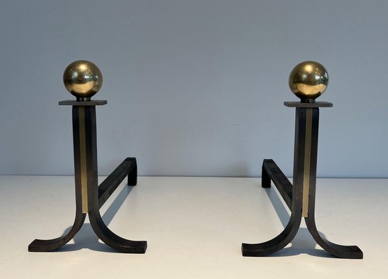 Modern Steel Chenets in Brass and Wrought Iron in the style of Jacques Adnet, 1970s, Set of 2-BA-1481478