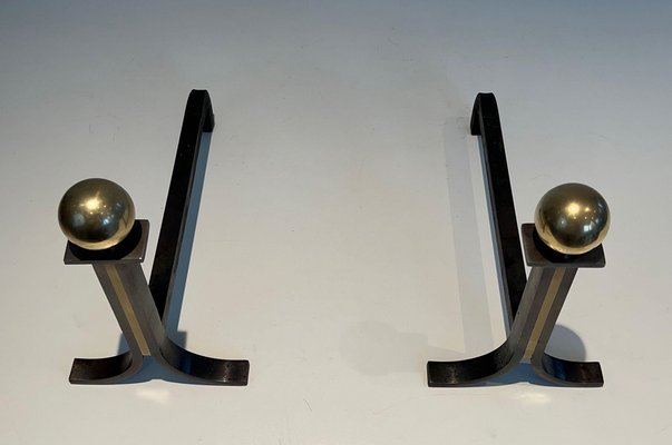 Modern Steel Chenets in Brass and Wrought Iron in the style of Jacques Adnet, 1970s, Set of 2-BA-1481478