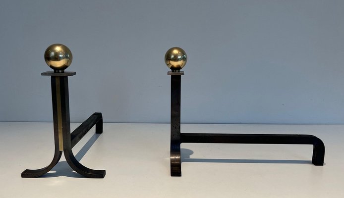 Modern Steel Chenets in Brass and Wrought Iron in the style of Jacques Adnet, 1970s, Set of 2-BA-1481478