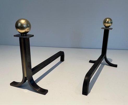 Modern Steel Chenets in Brass and Wrought Iron in the style of Jacques Adnet, 1970s, Set of 2-BA-1481478