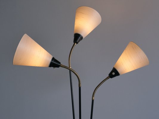 Modern Swedish Adjustable Three Arm Floor Lamp in Metal, Brass and Silk, 1950s-FMT-1727666