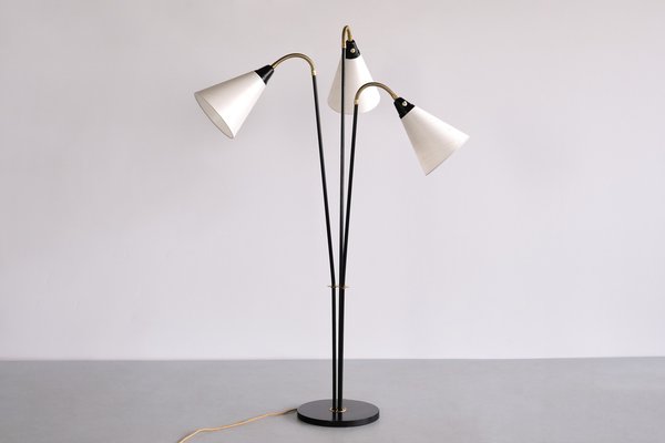 Modern Swedish Adjustable Three Arm Floor Lamp in Metal, Brass and Silk, 1950s-FMT-1727666