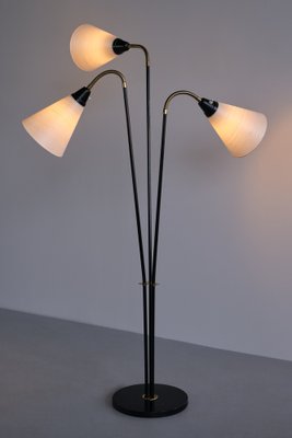 Modern Swedish Adjustable Three Arm Floor Lamp in Metal, Brass and Silk, 1950s-FMT-1727666