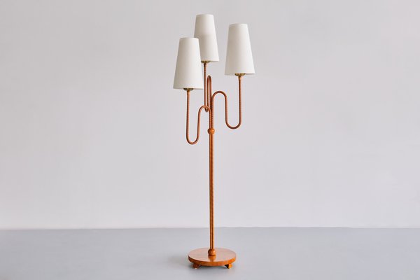 Modern Swedish Sculptural Three Arm Floor Lamp in Elm and Silk, 1930s-FMT-1740257