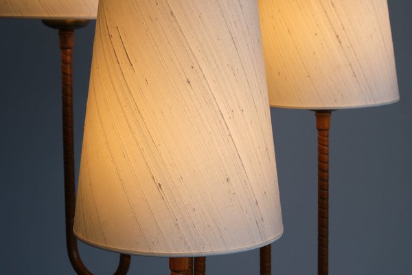 Modern Swedish Sculptural Three Arm Floor Lamp in Elm and Silk, 1930s-FMT-1740257