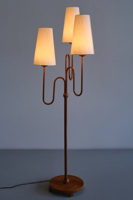 Modern Swedish Sculptural Three Arm Floor Lamp in Elm and Silk, 1930s-FMT-1740257