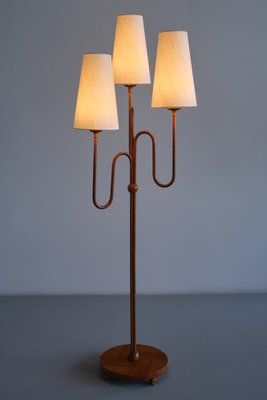 Modern Swedish Sculptural Three Arm Floor Lamp in Elm and Silk, 1930s-FMT-1740257