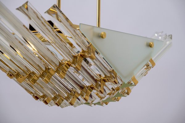 Modern Venini Style Trihedron Ceiling Lamp in Brass and Murano Glass, 1980s-FER-919736