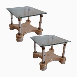 Modern Wood and Brass Tables with Glass Top, 1980s, Set of 2-TCS-1080195