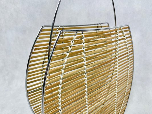 Modernist Bamboo and Steel Magazine Rack, 1980s-ZCY-1375761