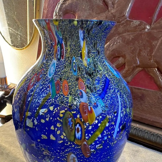 Modernist Blue Murano Glass with Murrine Inserts Vase in the style of Dino Martens, 1980s