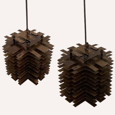 Modernist Brutalist Copper and Metal Hanging Lamps, France, Set of 2-BHG-1316950