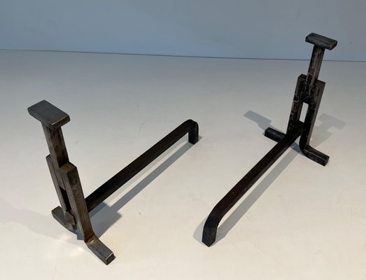 Modernist Cast Iron and Wrought Iron Chenets, 1950s, Set of 2-BA-1786667