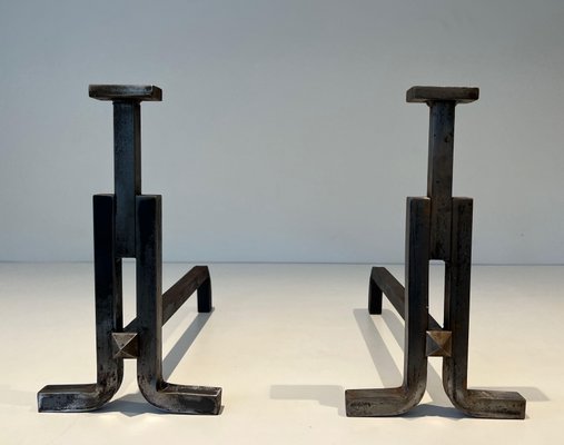 Modernist Cast Iron and Wrought Iron Chenets, 1950s, Set of 2-BA-1786667