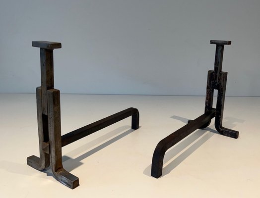 Modernist Cast Iron and Wrought Iron Chenets, 1950s, Set of 2-BA-1786667