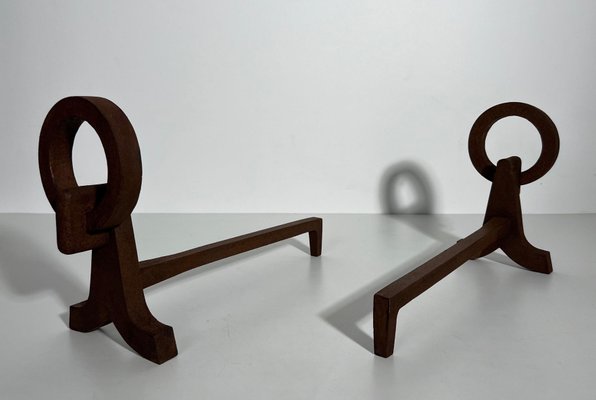 Modernist Chenets in Wrought Iron in the style of Jacques Adnet, 1950s, Set of 2-BA-1786666